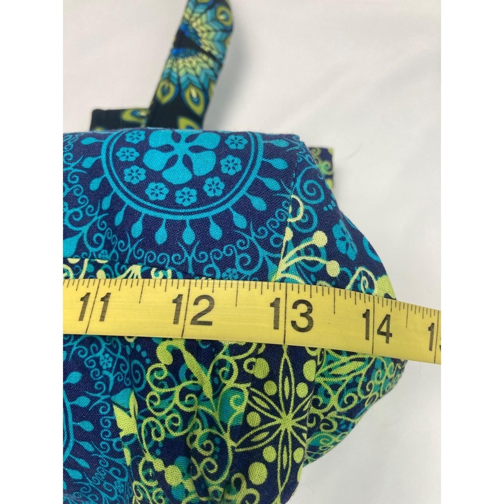 Handmade Peacock-Pattern Quilted Tote Bag – Blue/Green‎ Fabric – 13" x 5" x 10" - Picture 8 of 11